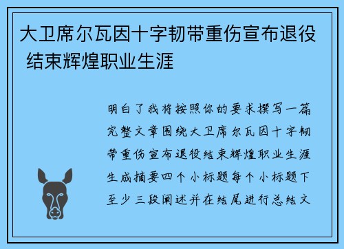 大卫席尔瓦因十字韧带重伤宣布退役 结束辉煌职业生涯